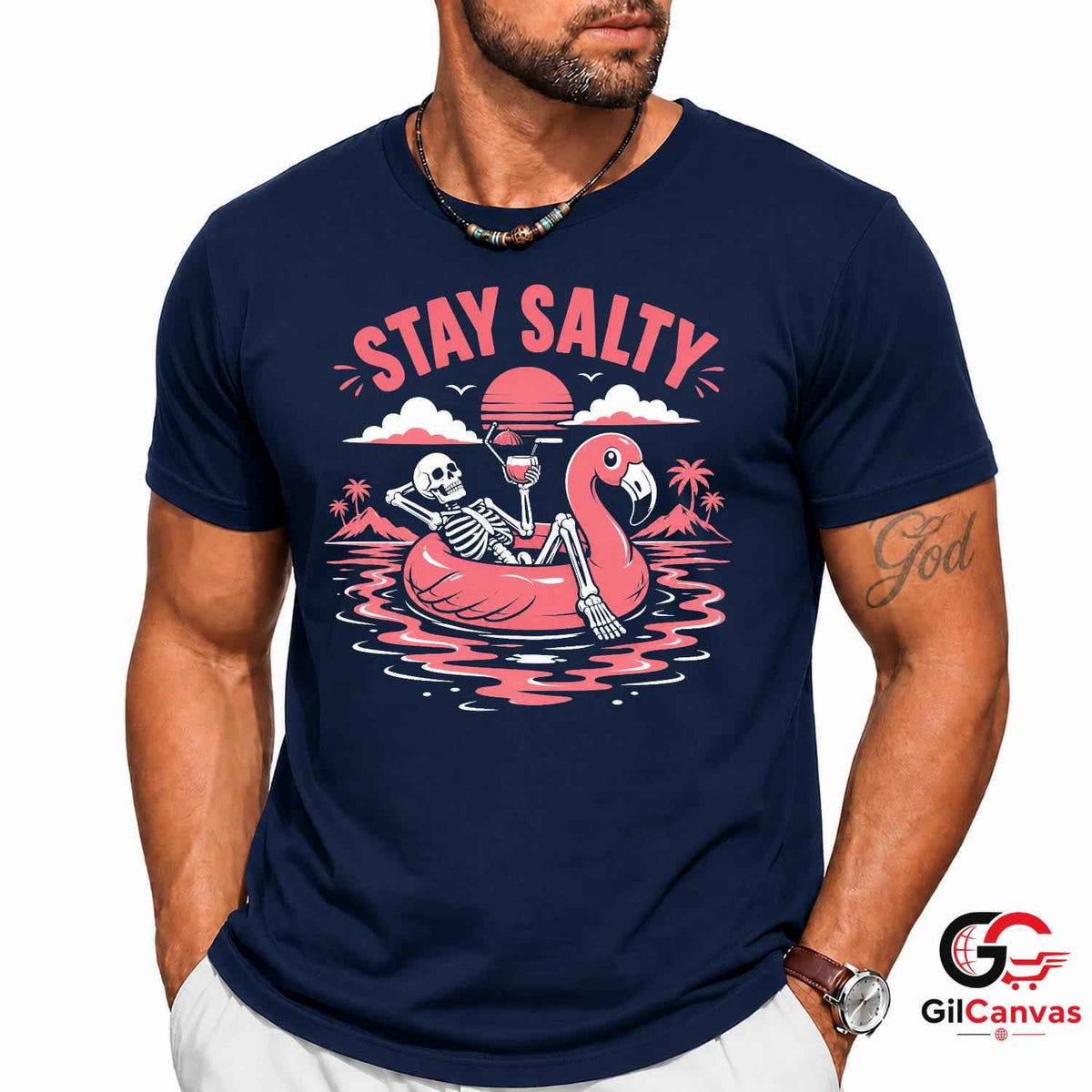 Stay Salty Skeleton Flamingo T-Shirt Tropical Summer Beach Unisex Graphic Apparel