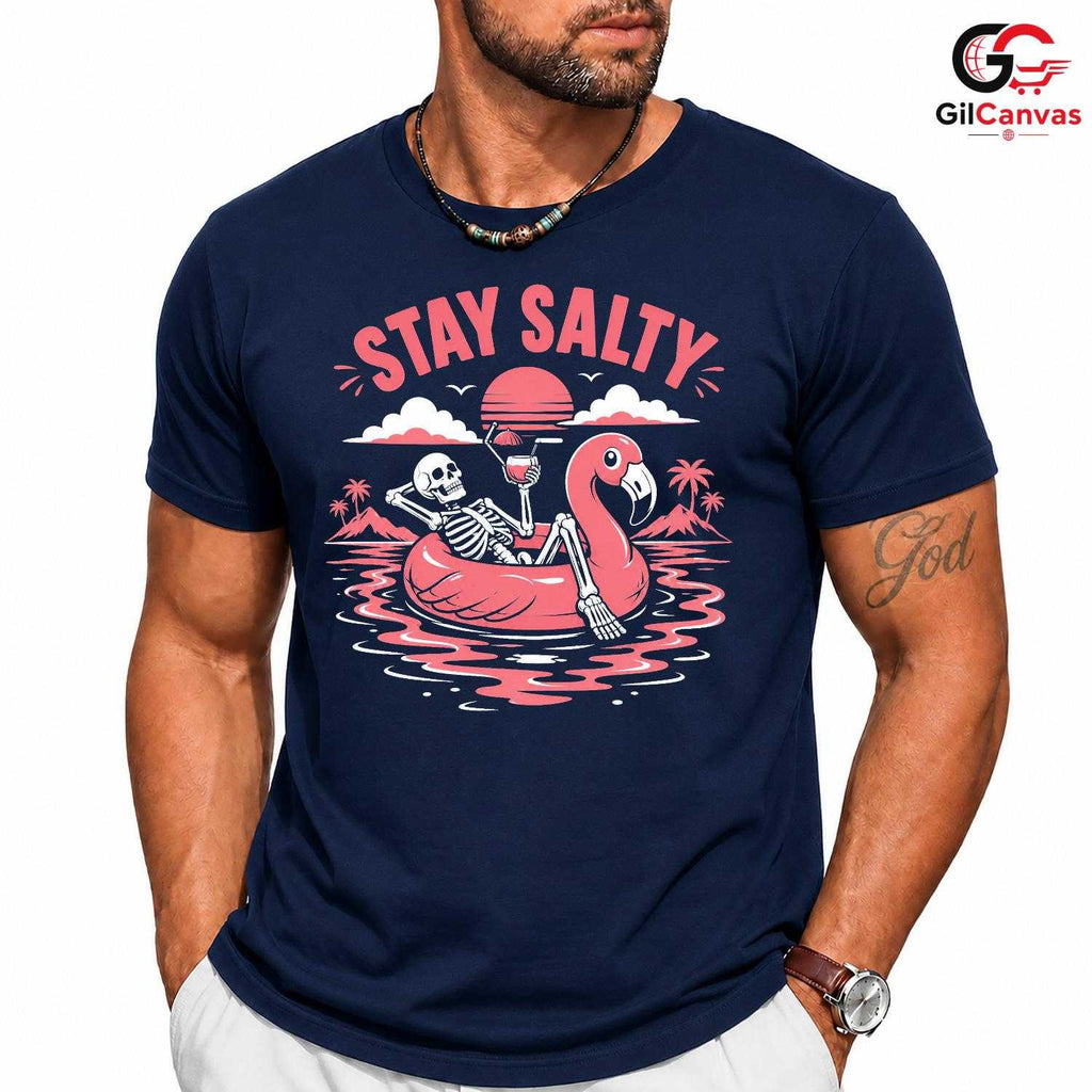 Stay Salty Skeleton Flamingo T-Shirt Tropical Summer Beach Unisex Graphic Apparel