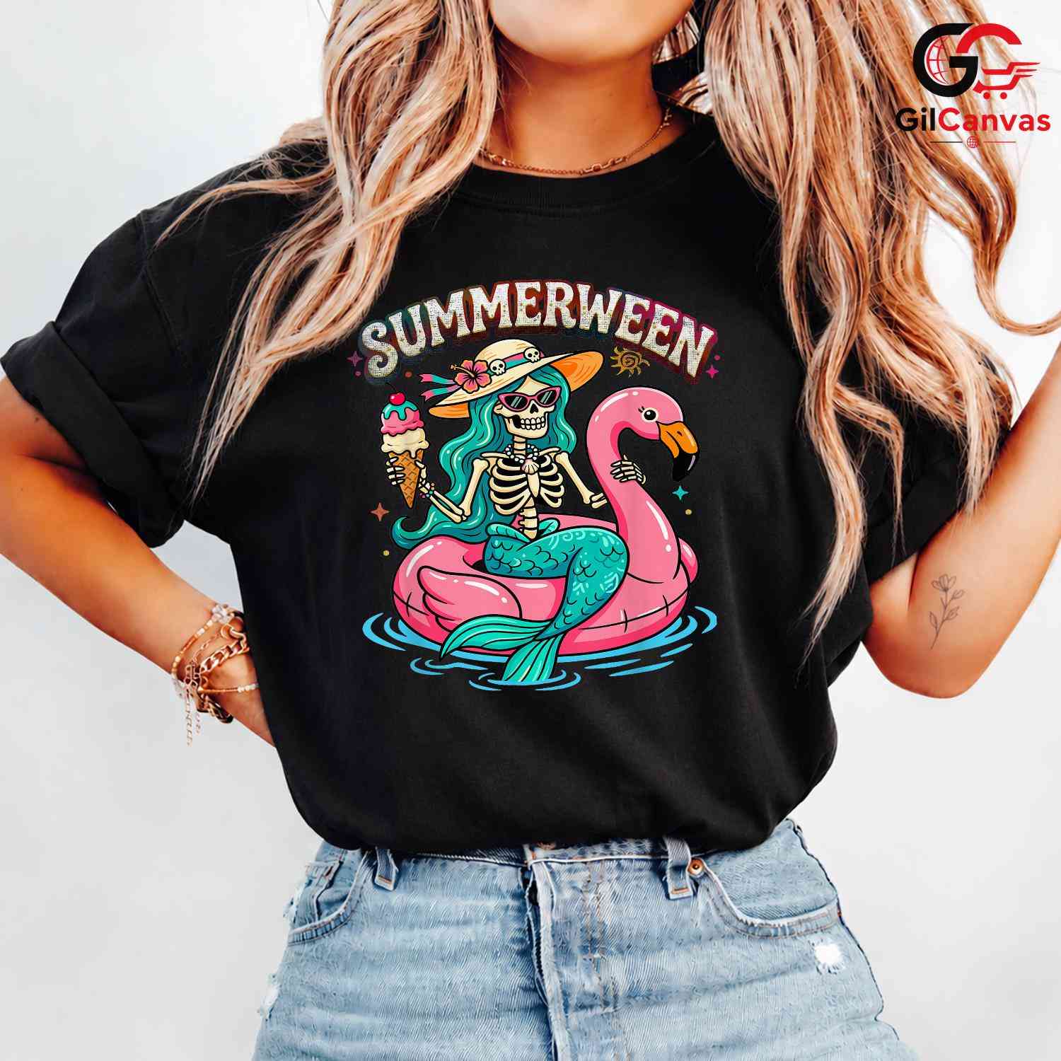 Summer Flamingo Skeleton Shirt Unisex Fun Summerween Vacation Gift All Ages