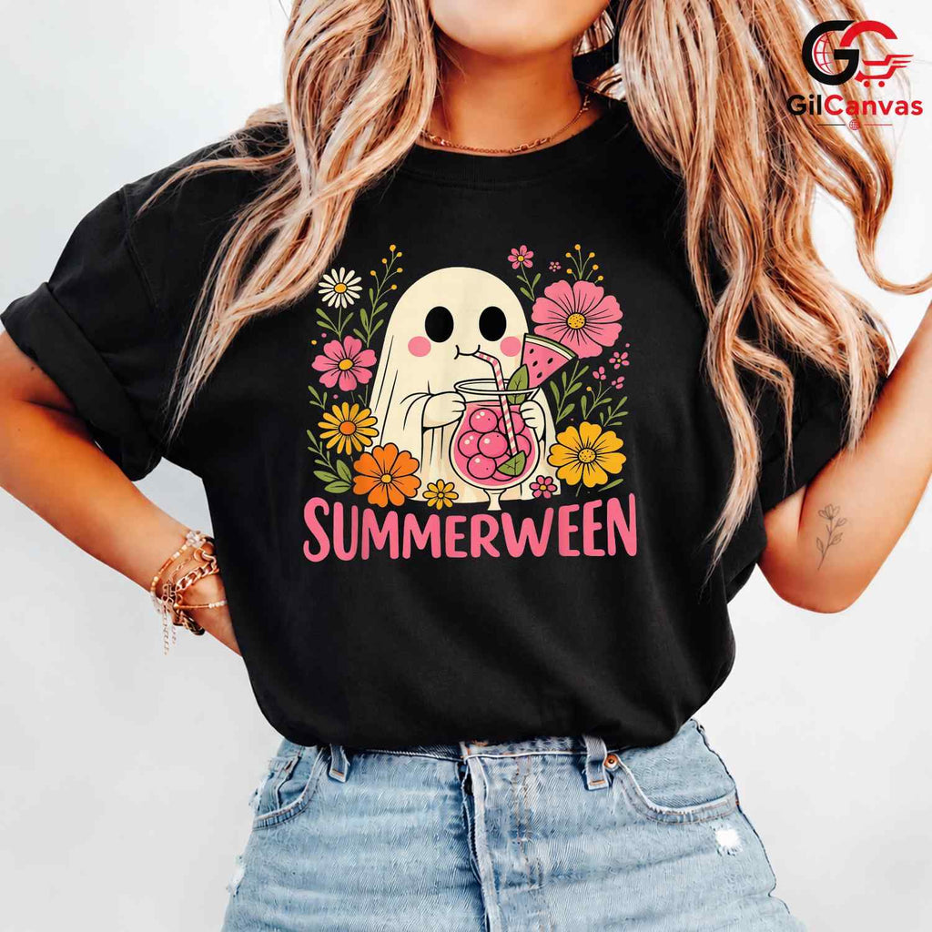Summerween Floral Ghost Tee Shirt Unisex Funny Spooky Summer Gift For Women