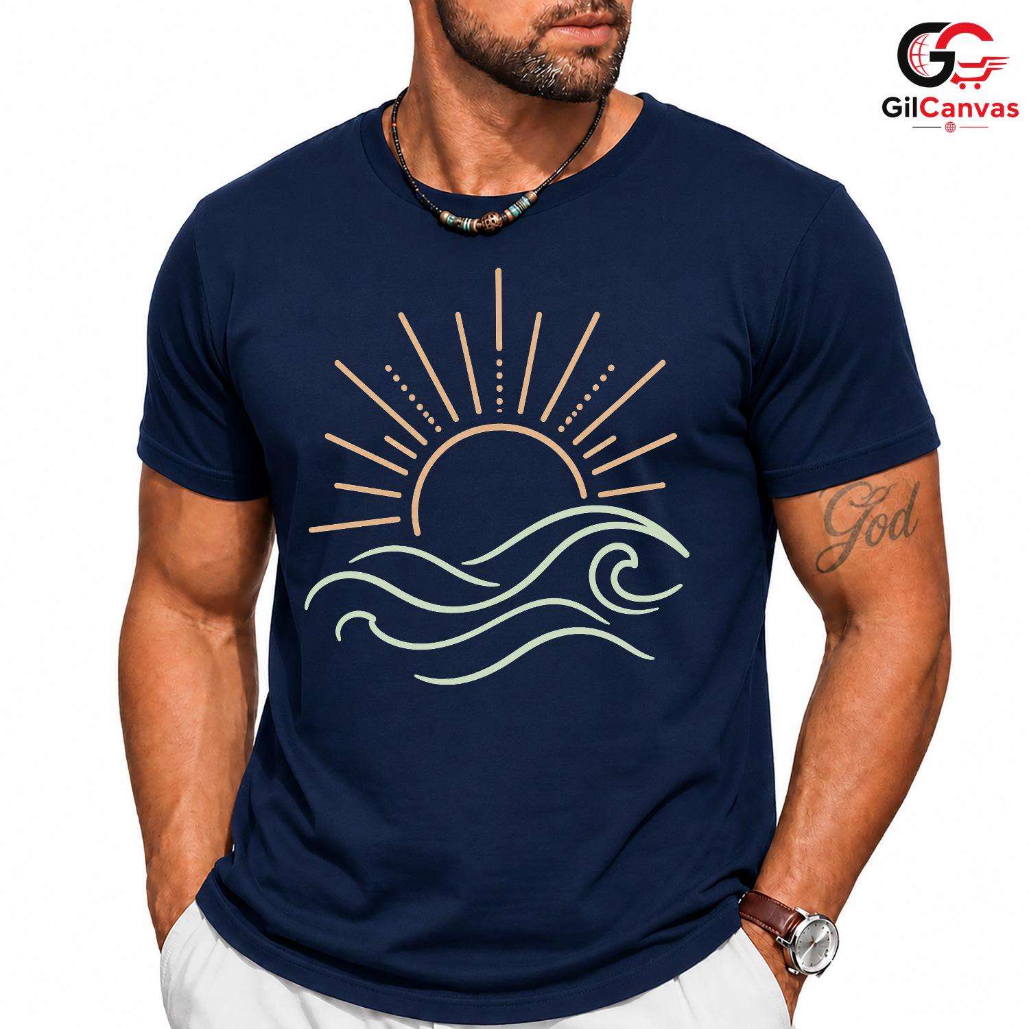 Sunset Waves Beach T-Shirt Summer Fun Vacation Casual Wear Unisex Graphic Tee