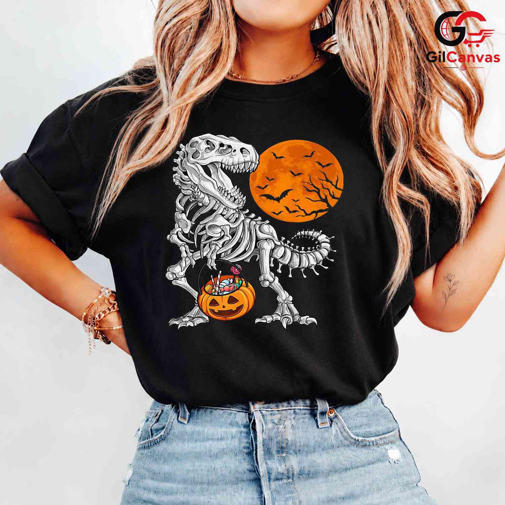 T-Rex Skeleton Pumpkin Tee Shirt Unisex Fun Spooky Halloween Gift Kids Adults