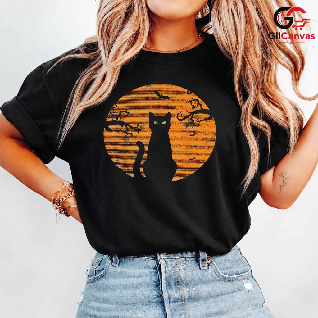 Vintage Moon Bat Black Cat T-Shirt Unisex Spooky Creepy Fall Event Gift Idea