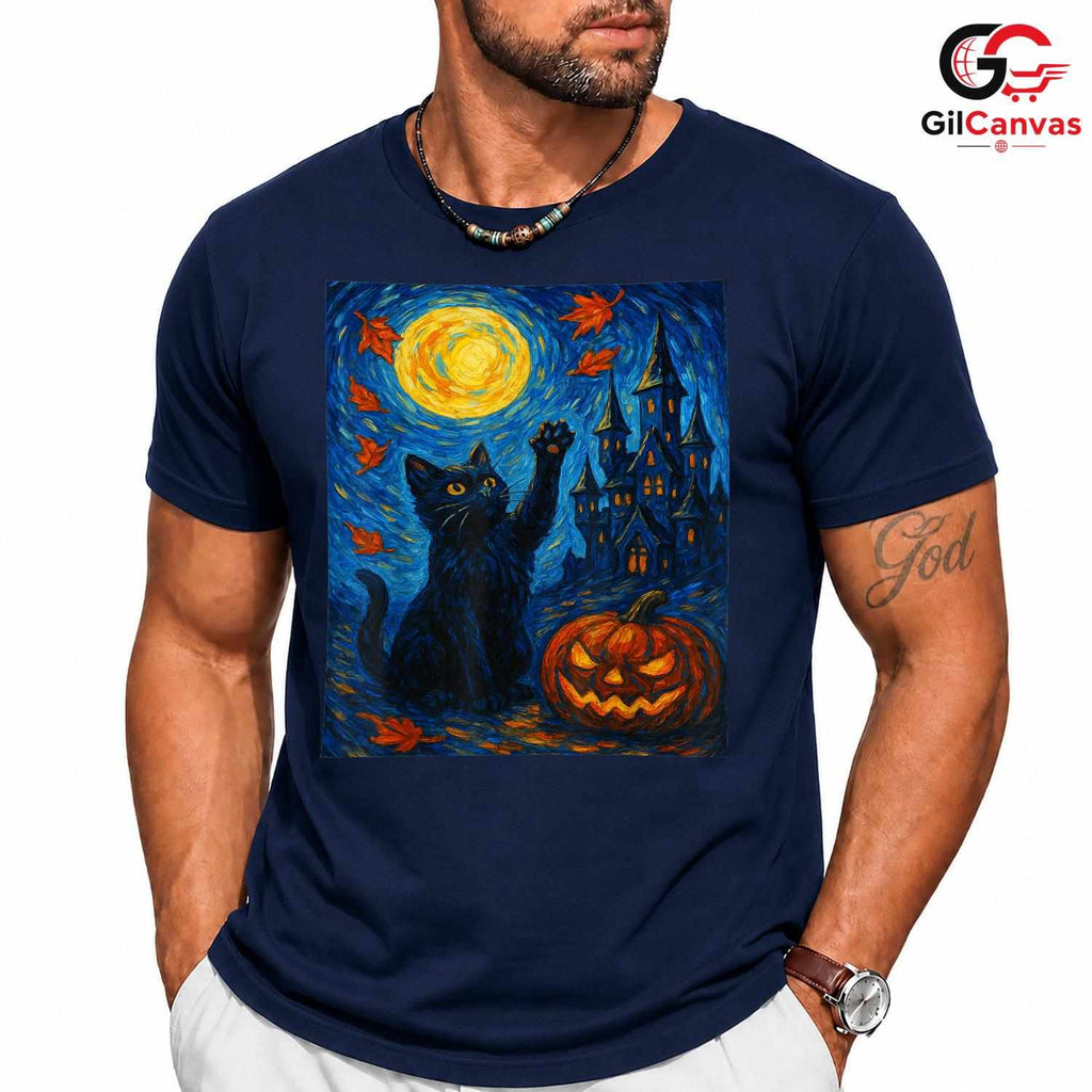 Artistic Starry Haunted Cat T-Shirt Unisex Spooky Full Moon Gift For Kids