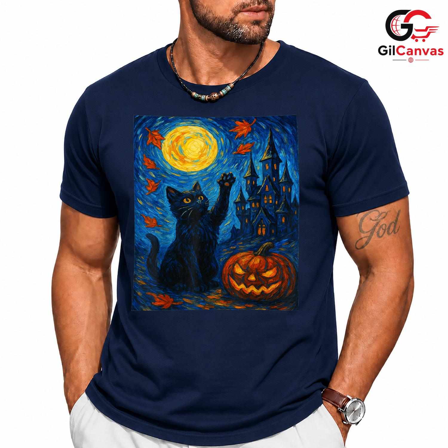 Artistic Starry Haunted Cat T-Shirt Unisex Spooky Full Moon Gift For Kids