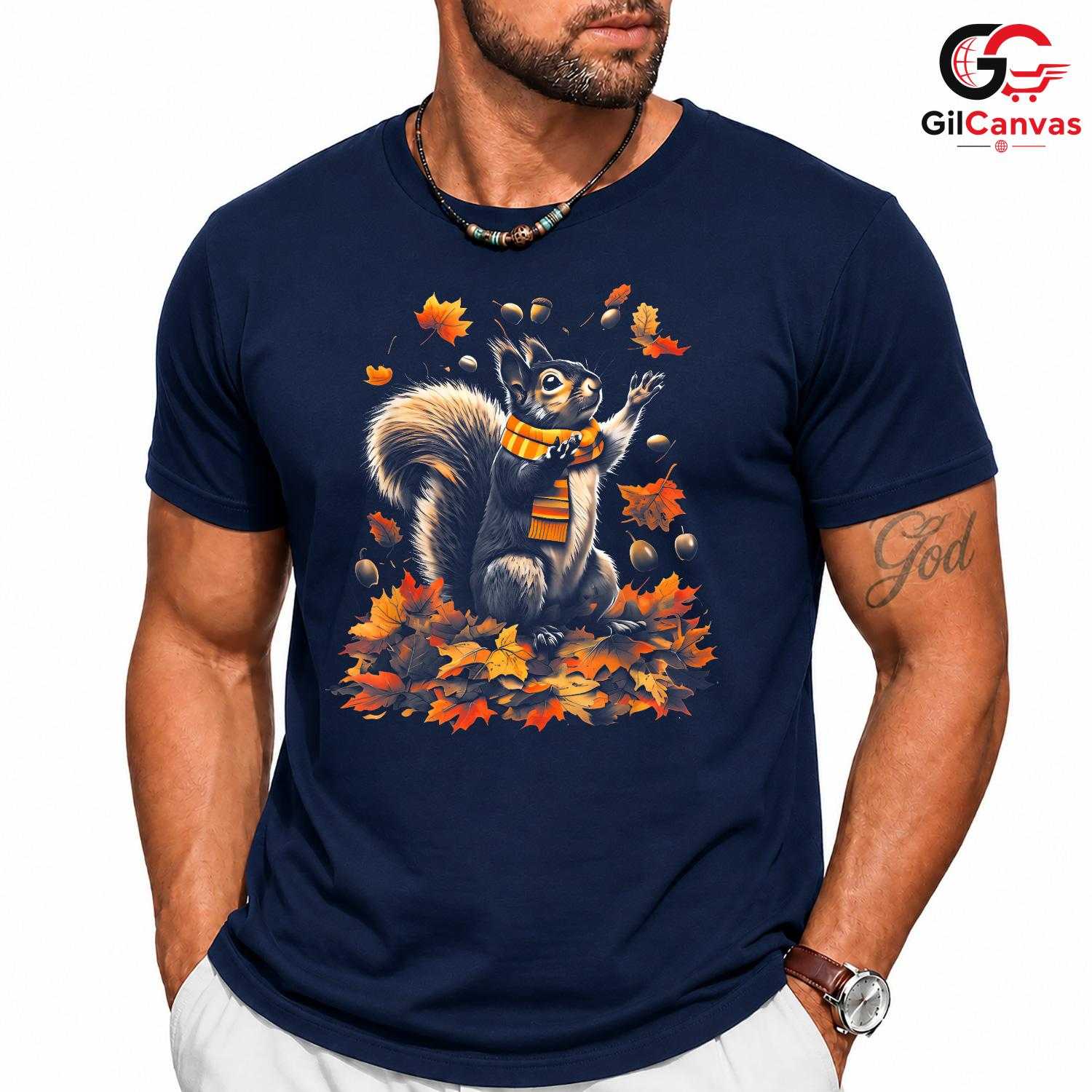 Autumn Squirrel Falling Leaf T-Shirt Unisex Cute Nature Animal Lover Fall Gift
