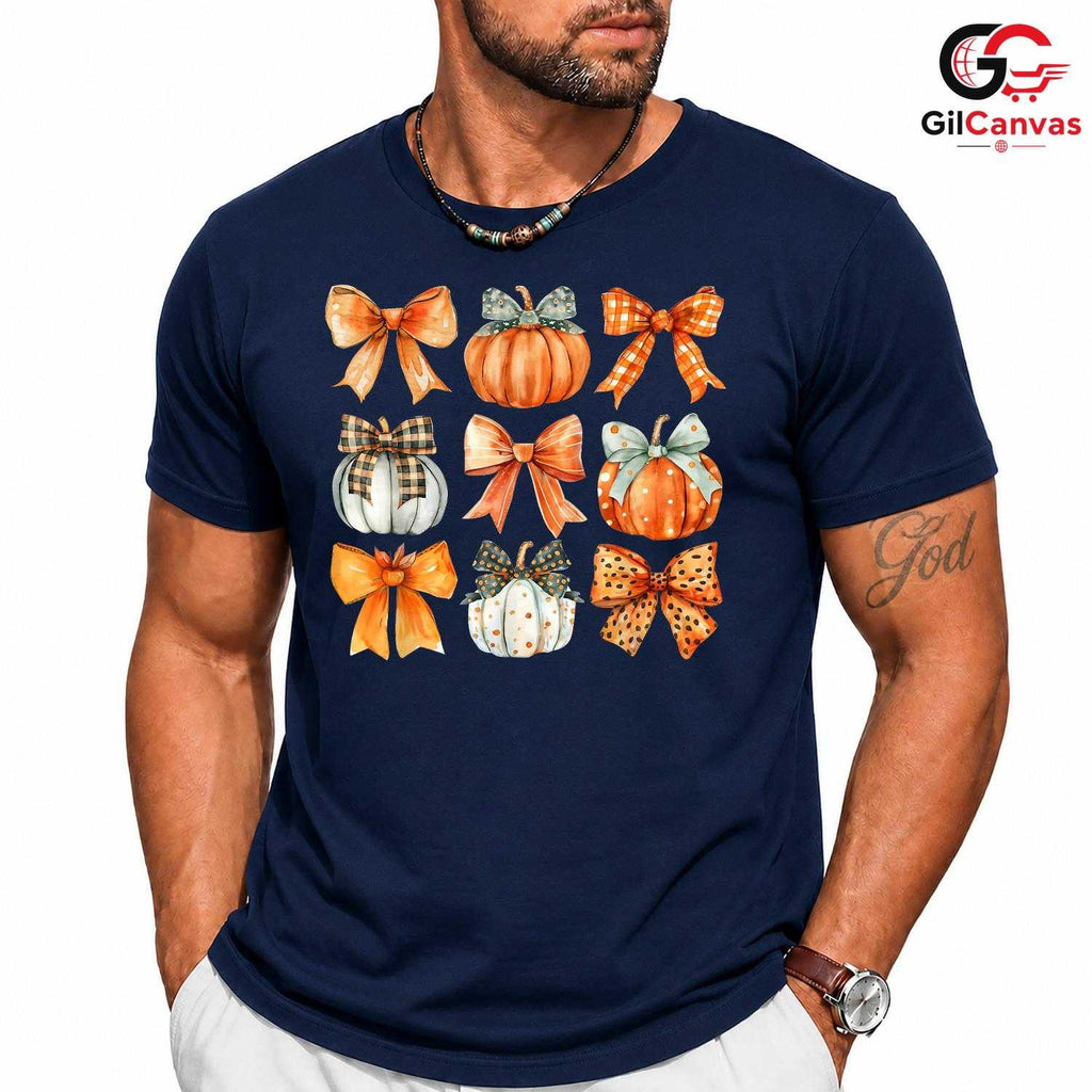 Cute Autumn Pumpkin Bow Fall T-Shirt Unisex Thanksgiving Plaid Harvest Gift