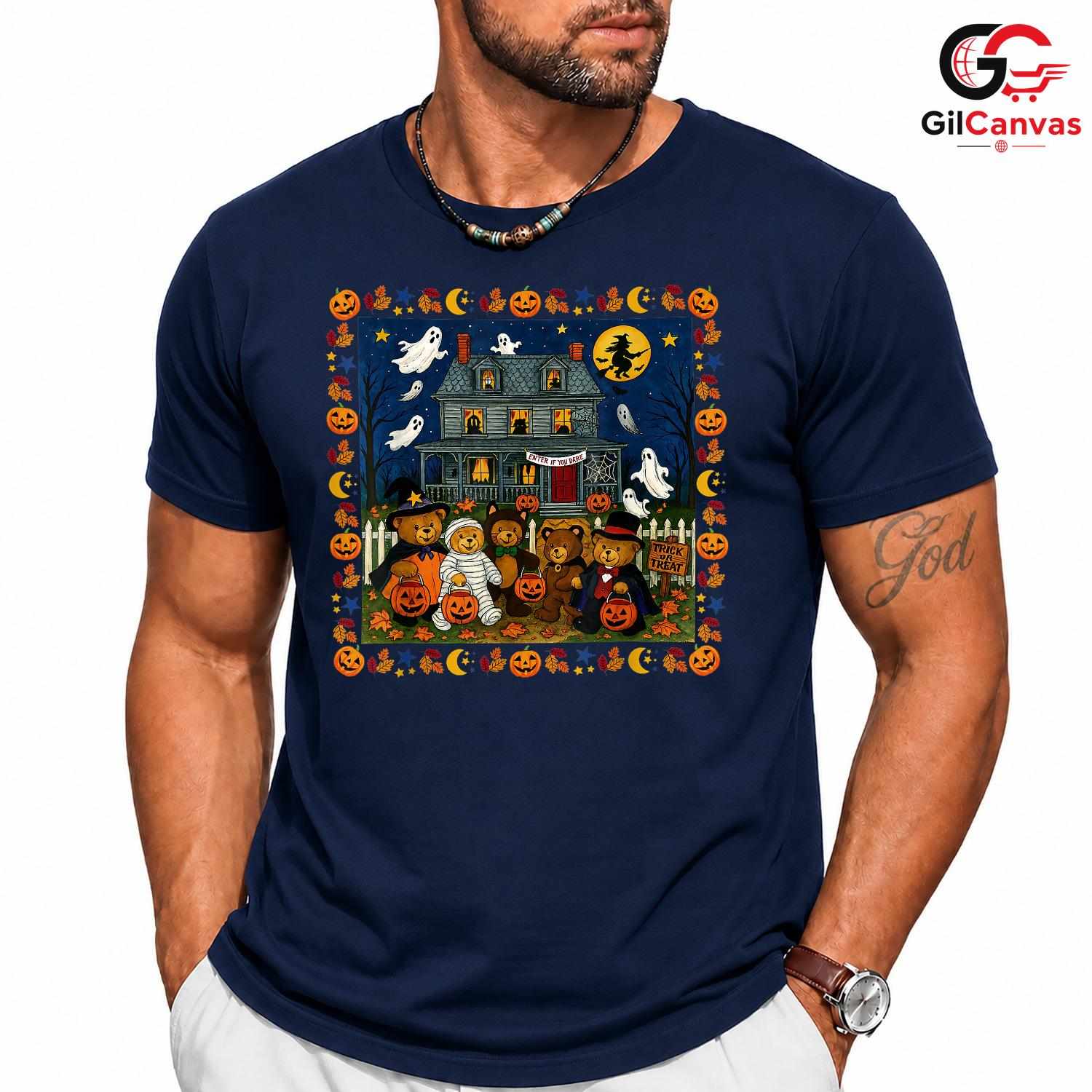 Cute Bear Pumpkin Fall Tee Shirt Unisex Spooky Halloween Gift Kids And Adults
