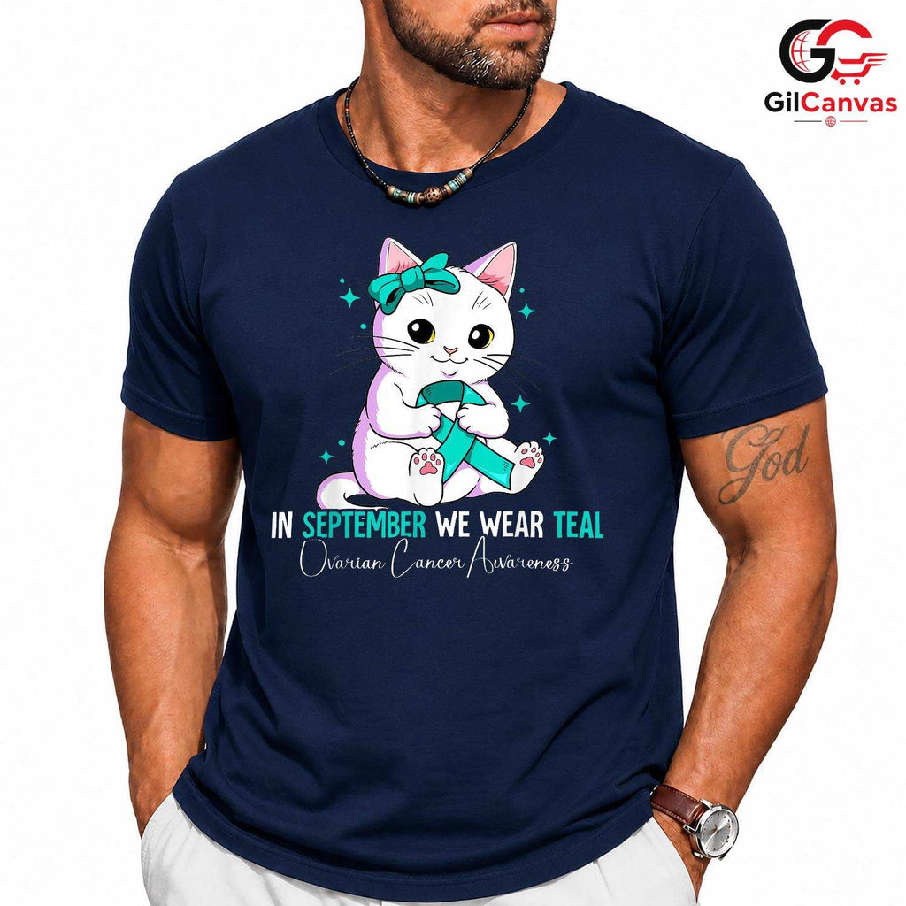 Cute Cat Ovarian Cancer Shirt Unisex September Awareness Ribbon Gift For All