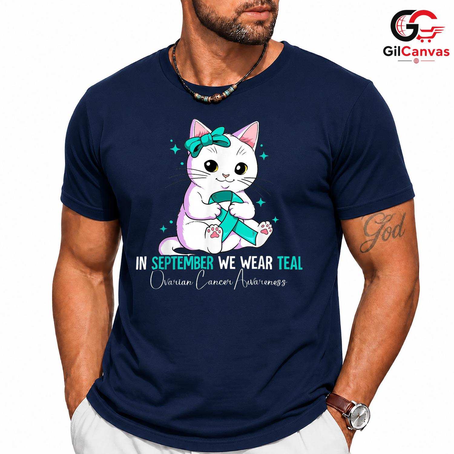 Cute Cat Ovarian Cancer Shirt Unisex September Awareness Ribbon Gift For All