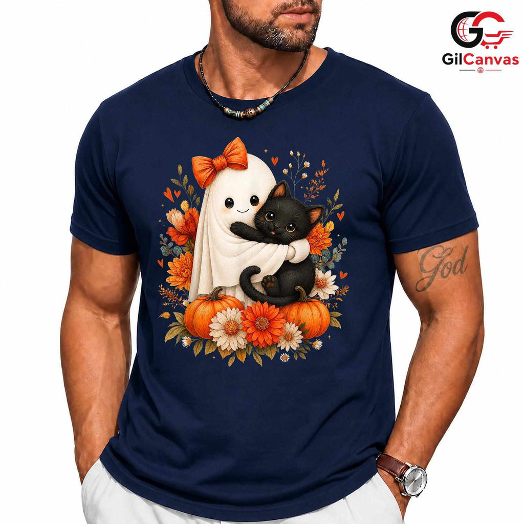 Cute Ghost And Cat Tee Shirt Unisex Fun Spooky Halloween Gift Idea For Kids