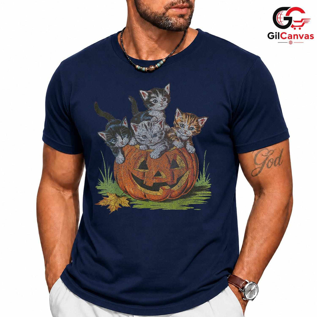 Cute Kitten Pumpkin Tee Shirt Unisex Halloween Cat Lover Gift Idea For Kids