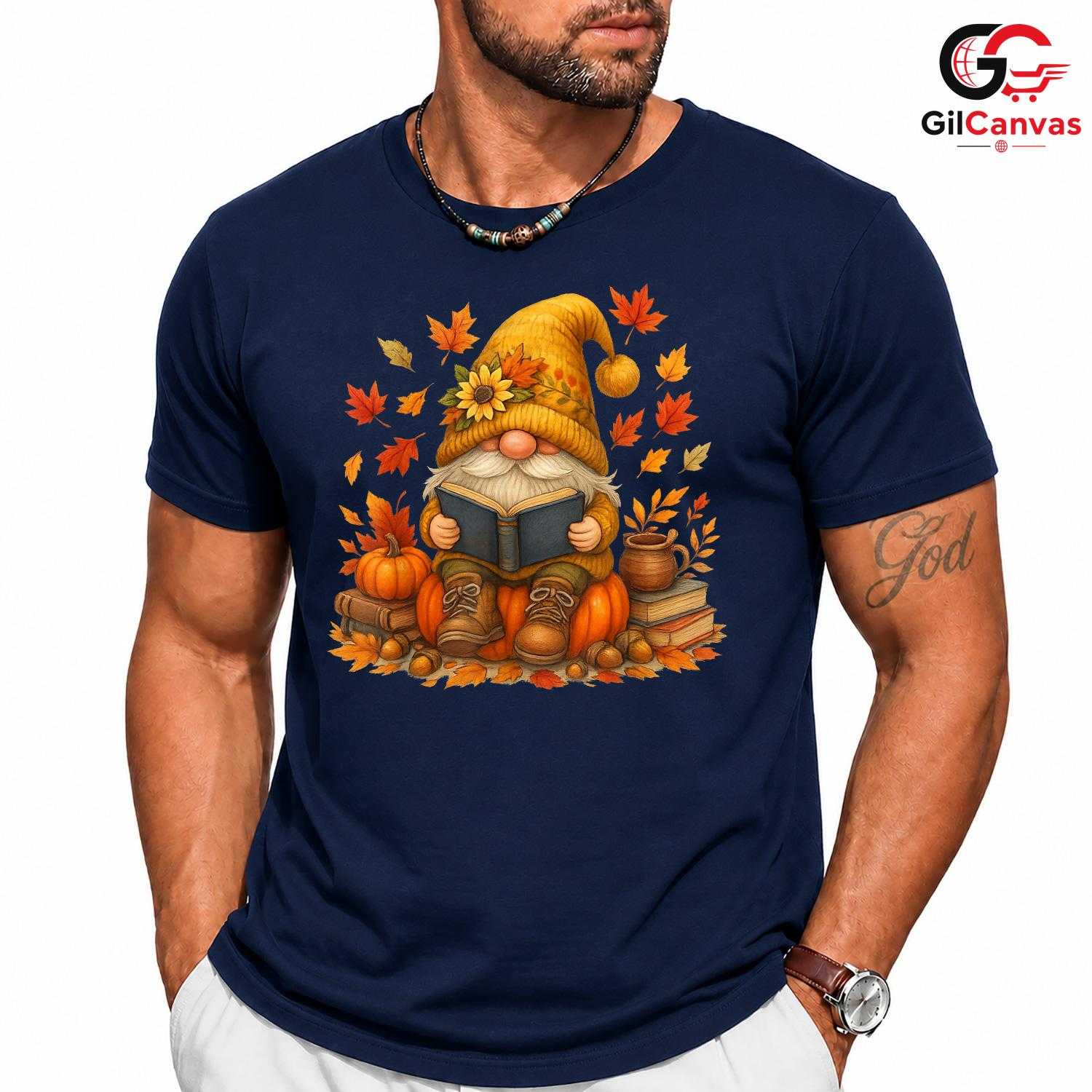 Fall Reading Gnome T-Shirt Unisex Cute Autumn Book Lover Enthusiast Gift