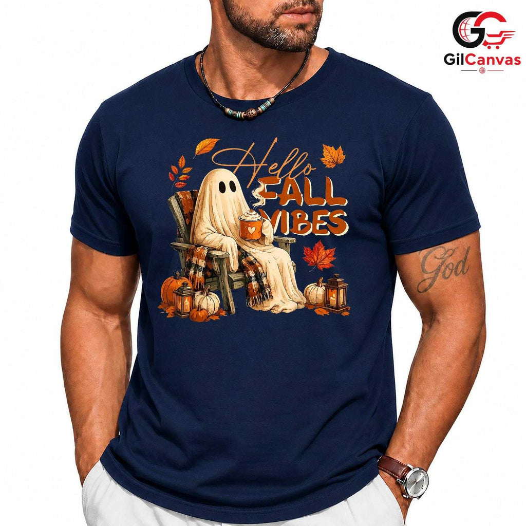 Fall Vibes Ghost Halloween Tee Unisex Spooky Autumn Lover Gift Kids Adults