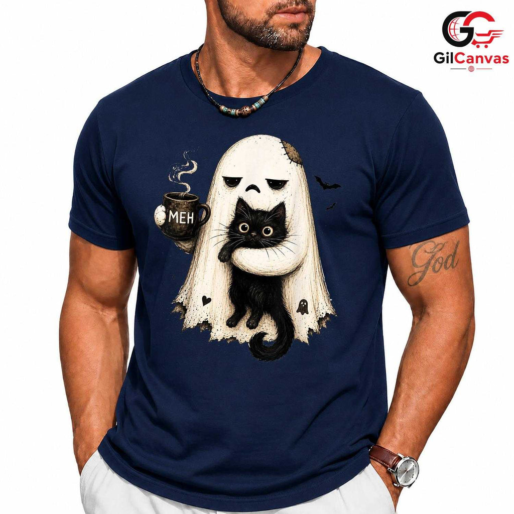 Grumpy Ghost Black Cat Mug T-Shirt Unisex Funny Spooky Autumn Gift For Lovers