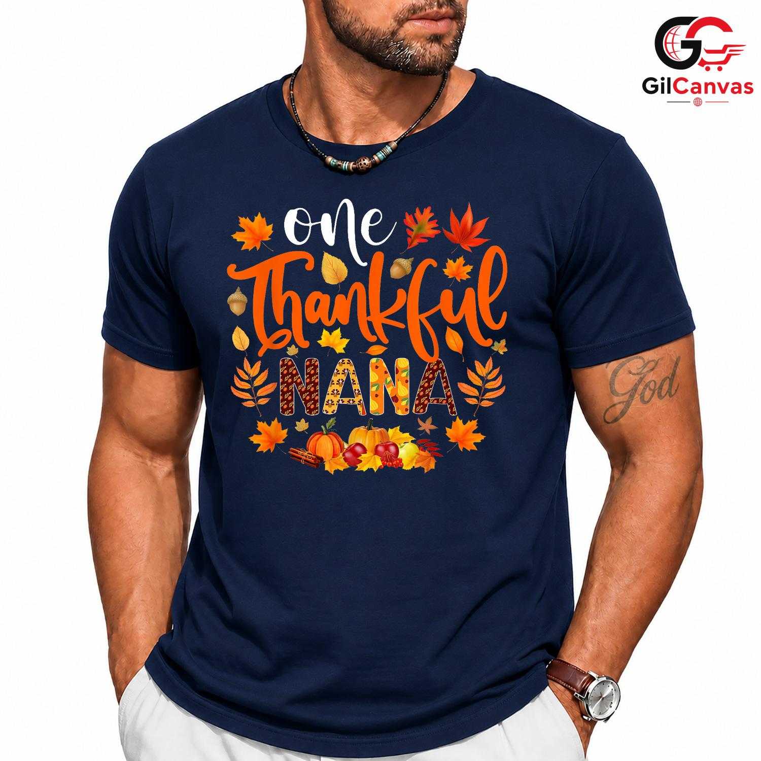 One Thankful Nana Fall T-Shirt Unisex Autumn Leaves Pumpkin Thanksgiving Gift