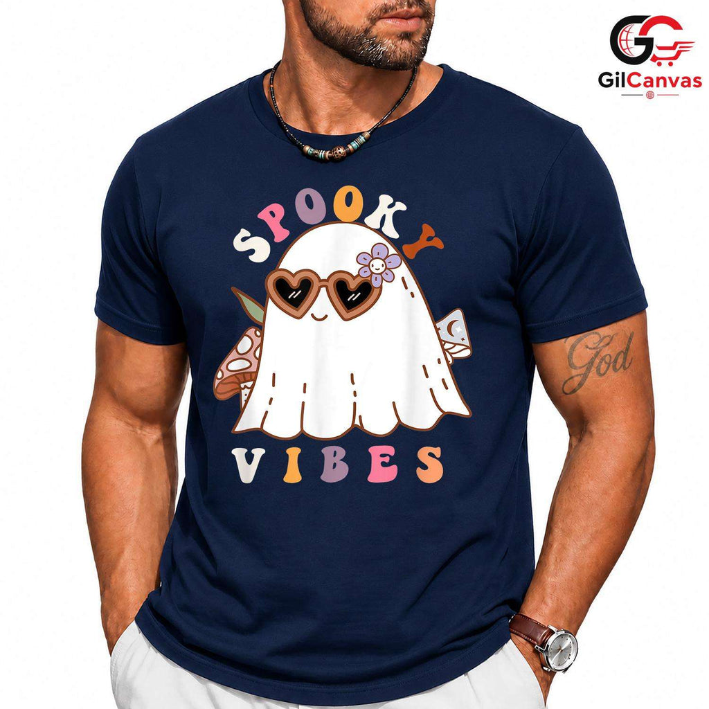 Retro Ghost Spooky Vibes Tee Shirt Unisex Cute Fall Party Costume For Women