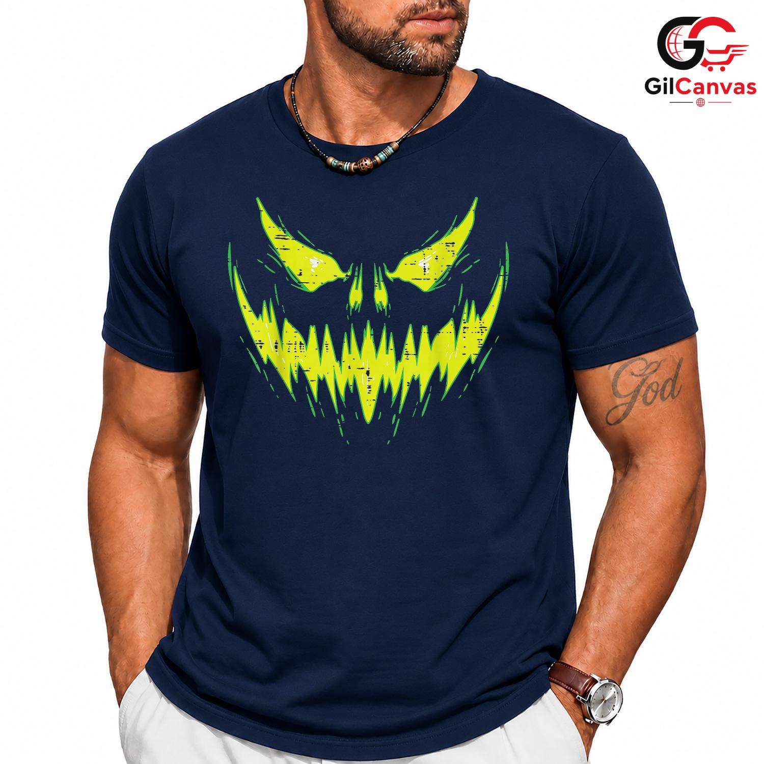 Scary Jack O Lantern Face Tee Shirt Unisex Spooky Trick Or Treat Party Costume