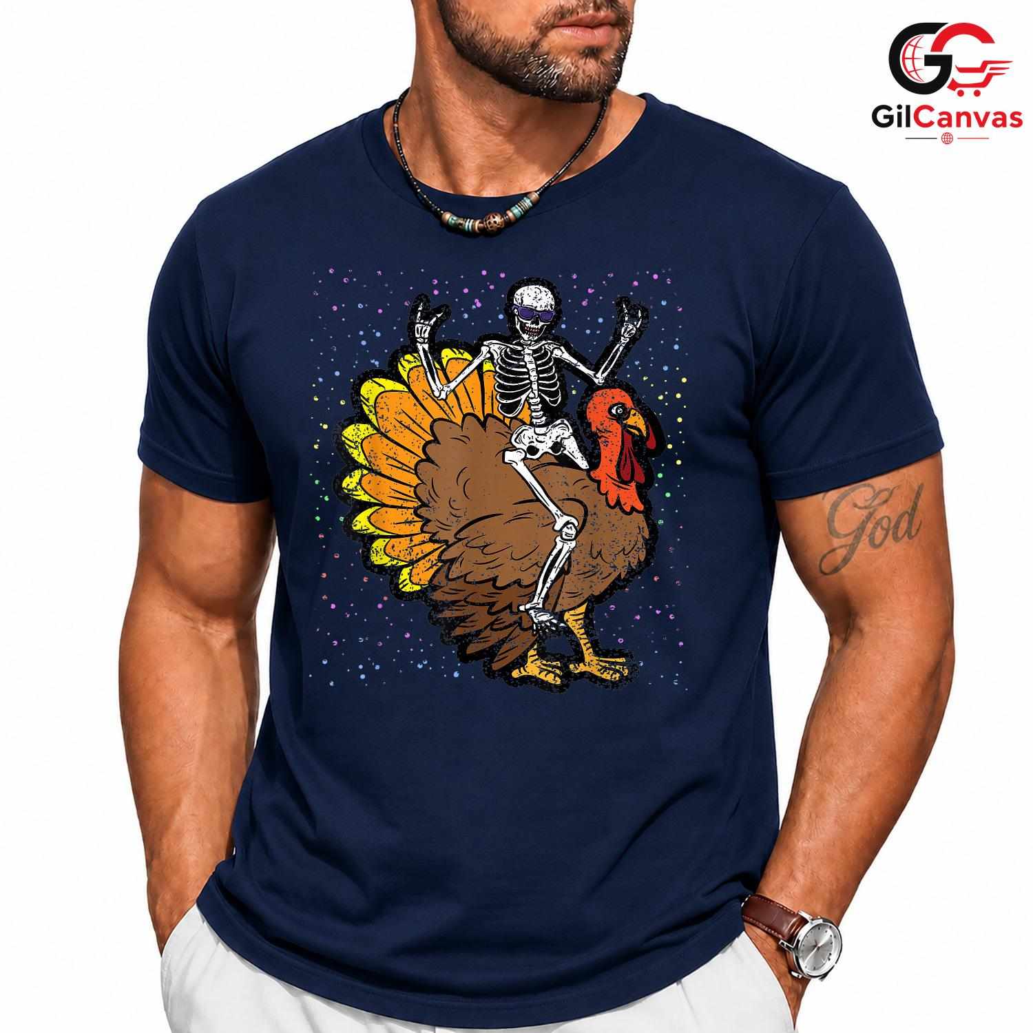 Skeleton Riding Turkey T-Shirt Unisex Funny Thanksgiving Holiday Gift Adult