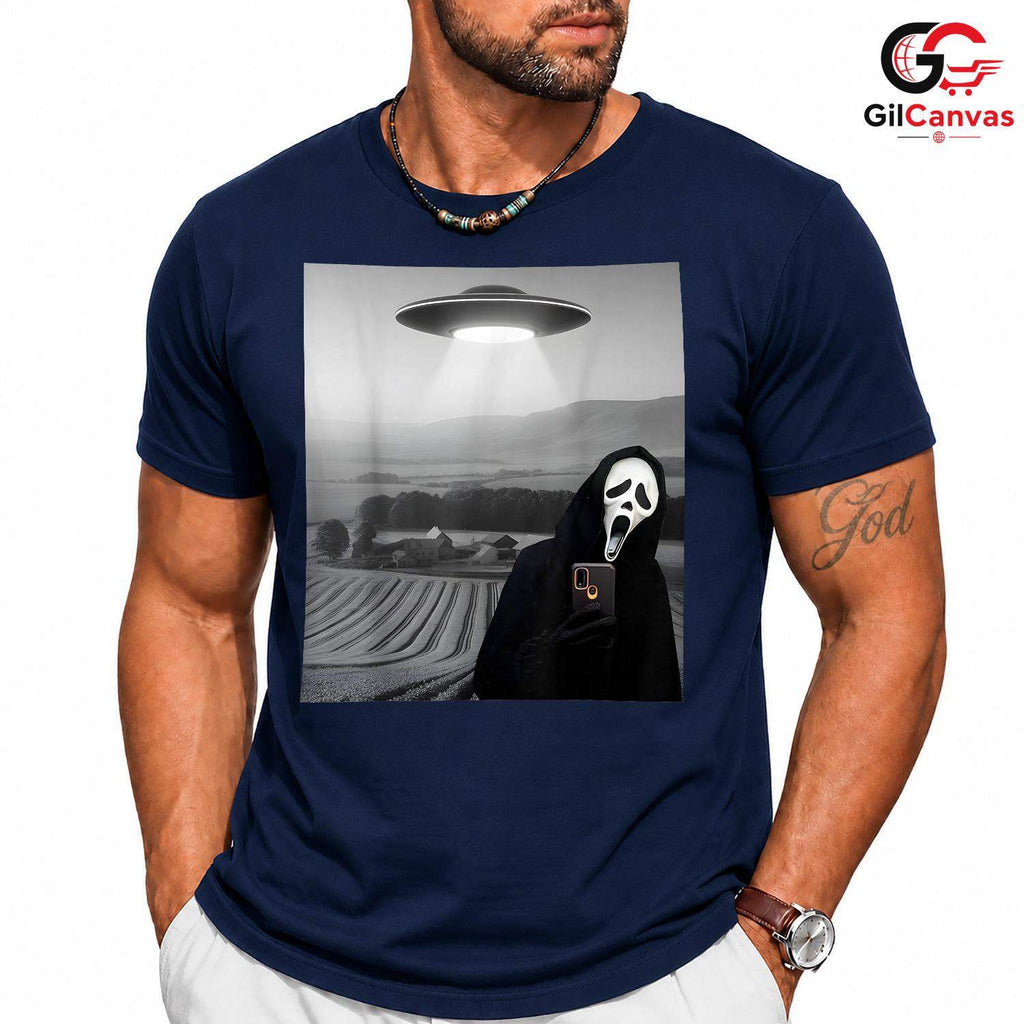 Slasher Movie Mask Alien Tee Shirt Unisex Funny Spooky Horror Abduction Gift
