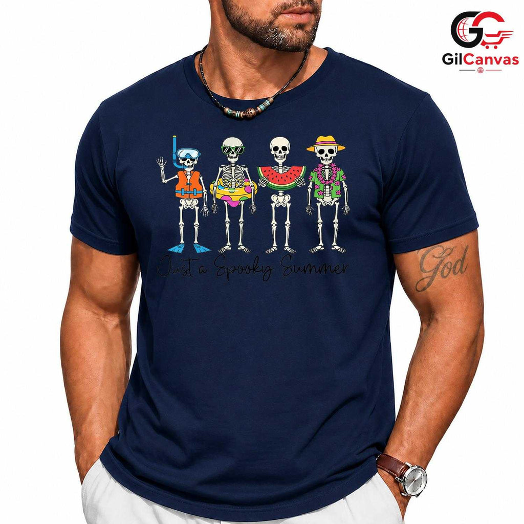 Spooky Summer Skeletons Tee Shirt Unisex Funny Tropical Beach Vacation Gift