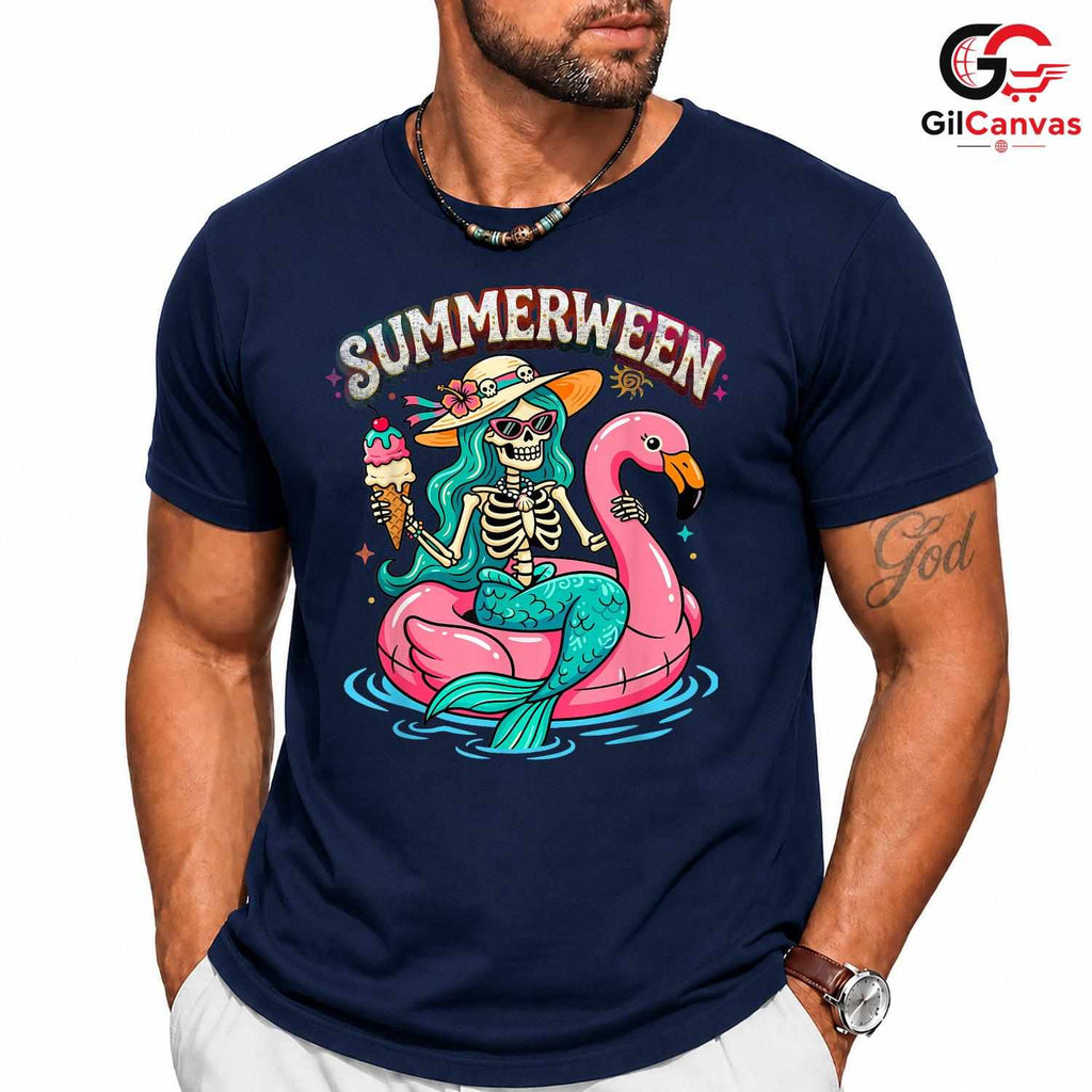 Summer Flamingo Skeleton Shirt Unisex Fun Summerween Vacation Gift All Ages