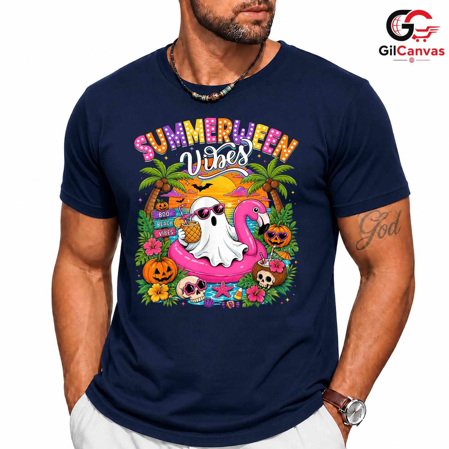 Summerween Vibes Ghost Tee Shirt Unisex Fun Halloween Gift For Kids And Adults