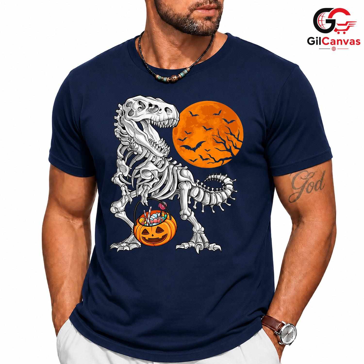 T-Rex Skeleton Pumpkin Tee Shirt Unisex Fun Spooky Halloween Gift Kids Adults